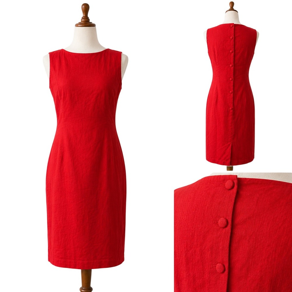 Vintage Susan Bristol Red Linen‎ Cotton Sheath Dress Size 8 Covered Button Back